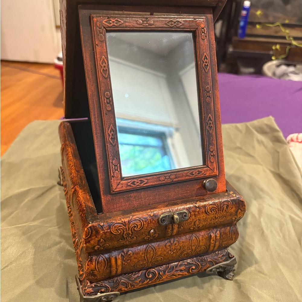 Vintage Style Wooden Shave/Jewelry Box with Mirror